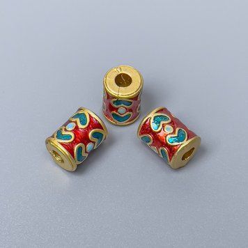 Фурнитура бусина Клуазоне цилиндр бирюзовая красная эмаль d-8х10мм+- отверстие d-3мм золотистый цвет металла 1 шт. 47547 фото