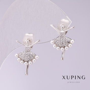 Серьги Xuping Балерина с белым жемчугом Майорка 18х12мм родий 56081 фото