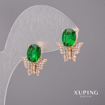 Сережки Xuping з зеленими каменямии 14х17мм Позолота 18К 55800 фото