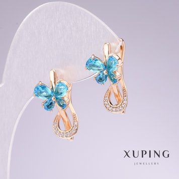 Серьги Xuping позолота 18к с голубыми камнями и белыми стразами 20х11мм 56746 фото