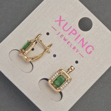 Сережки Xuping з білими стразами та зеленим кристалом d-8мм+- L-14мм+- Позолота 18К 57120 фото