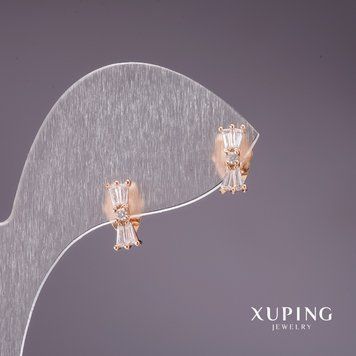 Сережки Xuping пусети кульчики Бантики з білими каменями 10х4мм позолота 18к 55356 фото