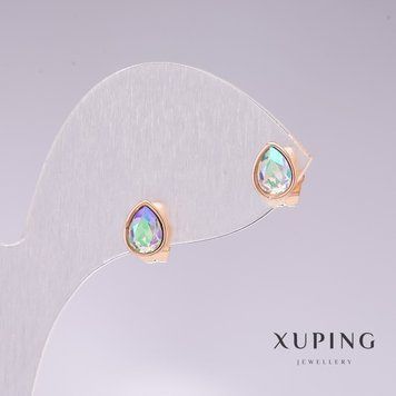 Сережки пусети кульчики Xuping краплі з блакитним каменем "бензин" позолота 18к 18х7мм 57152 фото