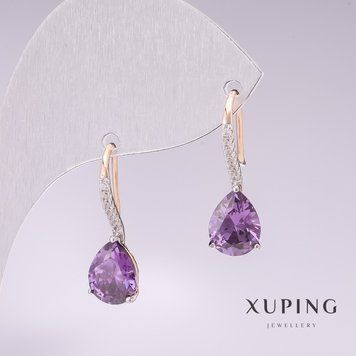 Серьги Xuping позолота 18к, родий с сиреневыми камнями и белыми стразами 21х7мм 55017 фото