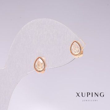 Сережки пусети кульчики Xuping краплі з білим каменем "бензин" позолота 18к 18х7мм 55279 фото