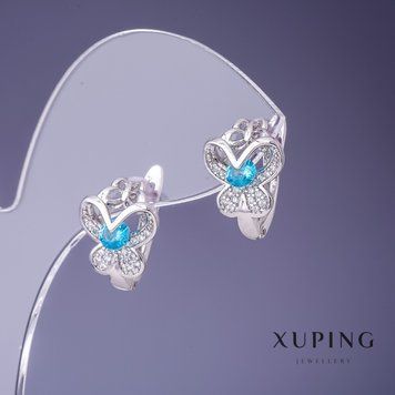 Серьги Xuping 14х11мм родий с бирюзовыми кристаллами 56886 фото