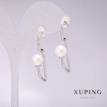 Сережки Xuping з білим перлами Майорка 34х8мм родій 56799 фото