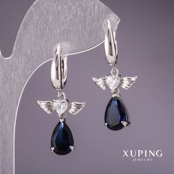 Серьги Xuping с синими камнями 35х17мм родий 55515 фото