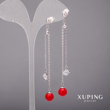 Сережки Xuping з білими каменями і перлами майорка 8х80мм Родій 57065 фото