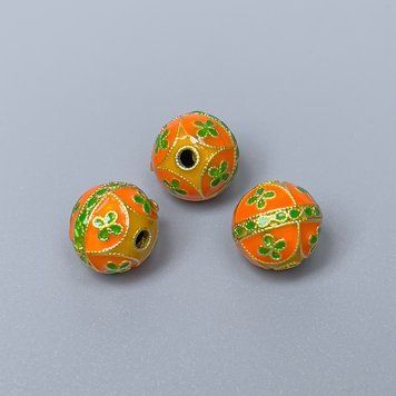 Фурнитура бусина Клуазоне оранжевая салатовая эмаль d-10мм+- отверстие d-2мм золотистый цвет металла 1 шт. 47529 фото