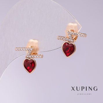 Сережки Xuping пусети кульчики з червоними каменеми Серця 12х11мм позолота 56980 фото