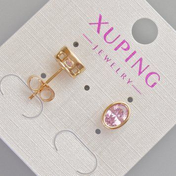 Серьги пусеты Xuping с розовым кристаллом d-8,5х6,5мм+- Позолота 18К 57419 фото