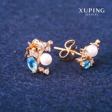 Сережки пусети кульчики Xuping з блакитними кристалами та Майоркою d-8х13мм Позолота 18К 56840 фото
