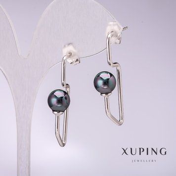 Сережки Xuping з чорним перлами Майорка 34х8мм родій 56800 фото
