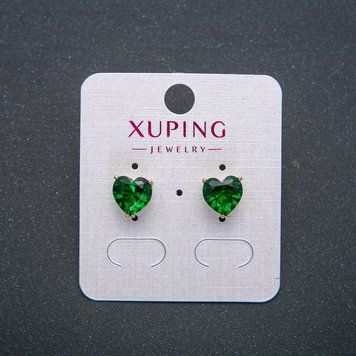 Сережки Серце Xuping Сережки пусети кульчики Позолота 18К із зеленим кристалом d-9мм + - 55123 фото