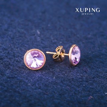 Сережки пусети кульчики Xuping з кристалами Swarovski колір бузковий d-10мм Позолота 18К 56536 фото