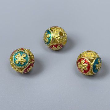 Фурнитура бусина Клуазоне красная бирюзовая эмаль d-10мм+- отверстие d-1,8мм золотистый цвет металла 1 шт. 47537 фото