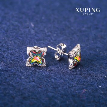 Сережки пусети кульчики Xuping з кристалами Swarovski колір райдужний d-9х13мм Родій 56351 фото