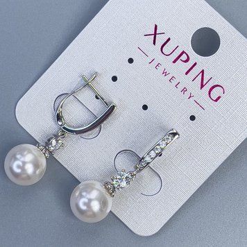 Сережки Xuping родій з перлиною d-10мм та білими стразами L-30мм + - 57150 фото