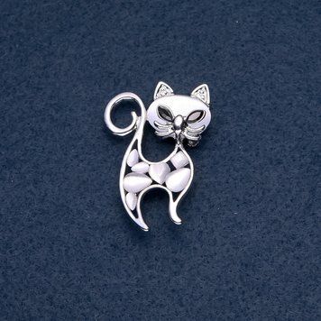 Брошь "Котик" белый Кошачий глаз металл "серебро" 30х45мм 64046 фото