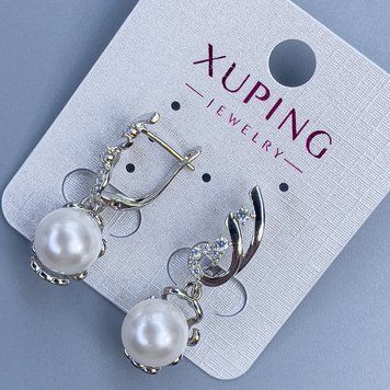 Сережки Xuping родій з перлиною d-10мм та білими стразами L-30мм + - 57067 фото
