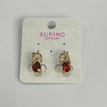 Серьги Xuping с красными камнями и белыми стразами 8х15мм Позолота 18К 57114 фото