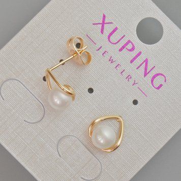 Серьги пусеты Xuping с белой бусиной d-10х9мм+- Позолота 18К 57098 фото