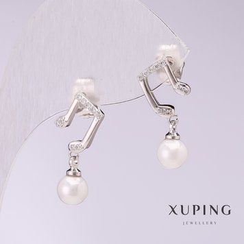 Сережки Xuping Ноти з білим перлами Майорка 20х6мм родій 56801 фото