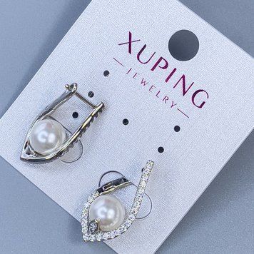 Сережки Xuping родій з перлиною d-8 мм та білими стразами L-24мм + - 57026 фото