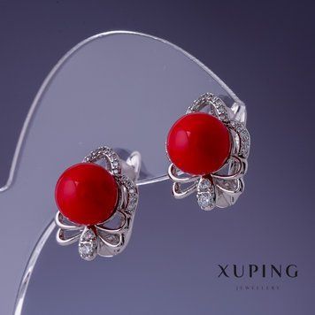 Сережки Xuping з червоними перлами Майорка 17х13мм родій 55225 фото