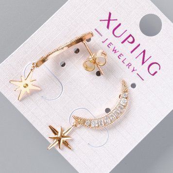 Серьги пусеты "Луна и Звезда" Xuping с белыми стразами d-19х3,5мм, 10мм, L-30мм+- позолота 18К 55567 фото