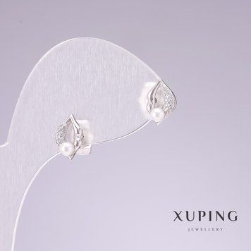 Сережки гвоздики Xuping родій Губи з білими стразами 7х10мм 57052 фото