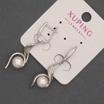 Сережки Xuping родій з перлиною d-8мм та білими стразами L-36мм + - 55088 фото