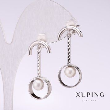 Сережки Xuping з білою намистиною Майорка 30х5мм родій 55740 фото