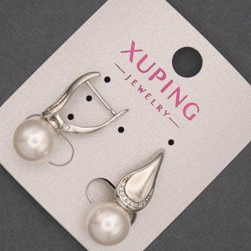 Сережки Xuping родій з перлиною d-10мм та білими стразами L-25мм + - 55679 фото
