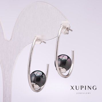 Сережки Xuping скоба з чорною намистиною Майорка 33х10мм родій 57225 фото