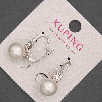 Сережки Xuping родій з перлиною d-10мм та білими стразами L-23мм + - 55476 фото
