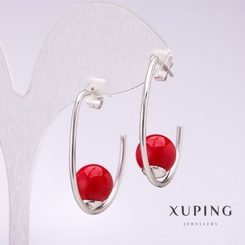 Сережки Xuping скоба з червоною намистиною Майорка 33х10мм родій 55242 фото