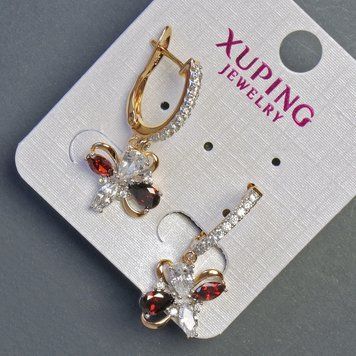 Серьги Xuping позолота 18к, родий с камнем цвет красный и белыми стразами 30х12мм 56907 фото