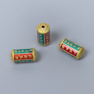 Фурнитура бусина Клуазоне цилиндр зеленая красная эмаль d-7х14мм+- отверстие d-1,5мм золотистый цвет металла 1 шт. 47512 фото