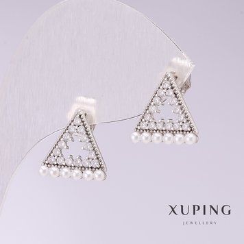 Сережки Xuping Трикутники з білим перлами Майорка 13х13мм родій 55384 фото