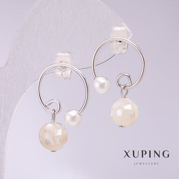 Сережки Xuping кільця з перламутровими намистинами 17х23мм родій 56915 фото