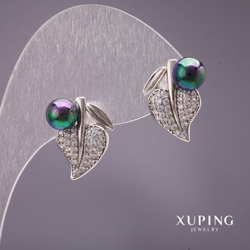 Сережки Xuping з перлами Майорка колір чорний 16х14мм родій 55022 фото