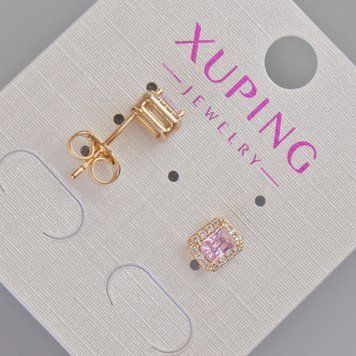 Серьги пусеты Xuping с розовым кристаллом и белыми стразами d-6,5х5,5мм+- Позолота 18К 57396 фото