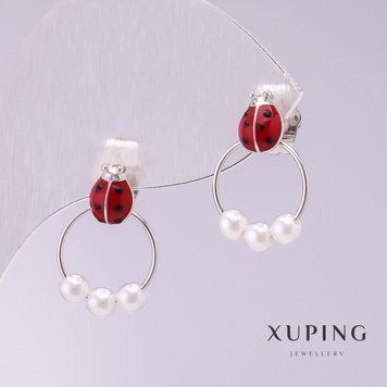 Сережки Xuping Божі корівки червона емаль 18х11мм родій 56982 фото
