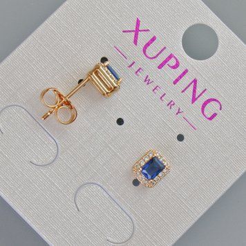 Серьги пусеты Xuping с синим кристаллом и белыми стразами d-6,5х5,5мм+- Позолота 18К 57393 фото