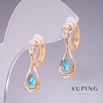 Серьги Xuping с голубыми цирконами "Топаз" 26х8мм позолота 18к 55820 фото