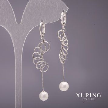 Сережки Xuping довгі з перлами Майорка колір білий 58х7мм родій 57071 фото
