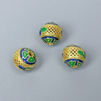 Фурнитура бусина Клуазоне синяя зеленая эмаль d-10мм+- отверстие d-2мм золотистый цвет металла 1 шт. 47523 фото