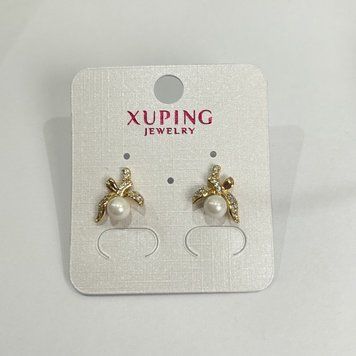 Сережки Xuping Сережки пусети кульчики Позолота 18К з білими стразами та Майоркою 12х11мм + - 57124 фото